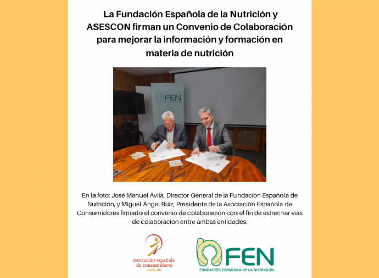 La Fundación Española de la Nutrición y ASESCON firman un Convenio de Colaboración para mejorar la información y formación en materia de nutrición